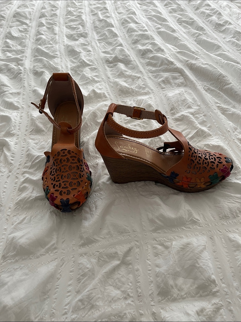 Brown Floral Cutout Wedge Sandals with Ankle Strap